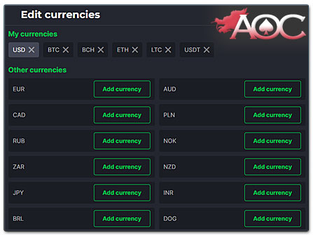 Kosmonaut Casino crypto deposit and currency selection