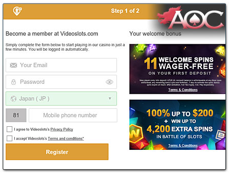 VideoSlots Casino registration